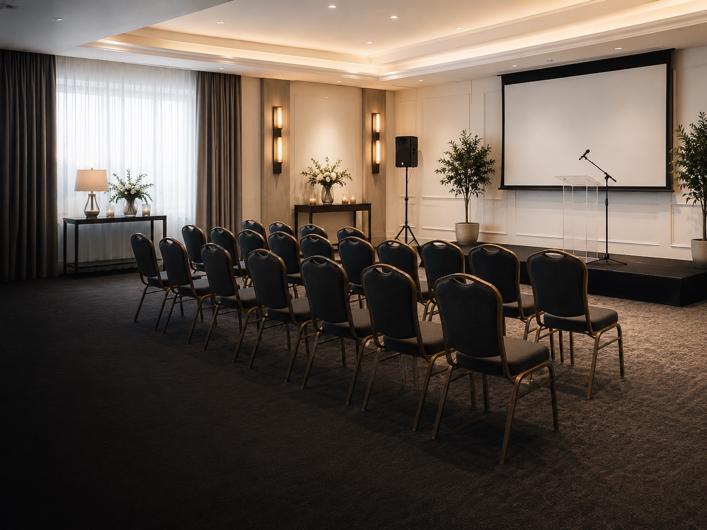 Conference room set with a projector screen, microphone, speaker and seating