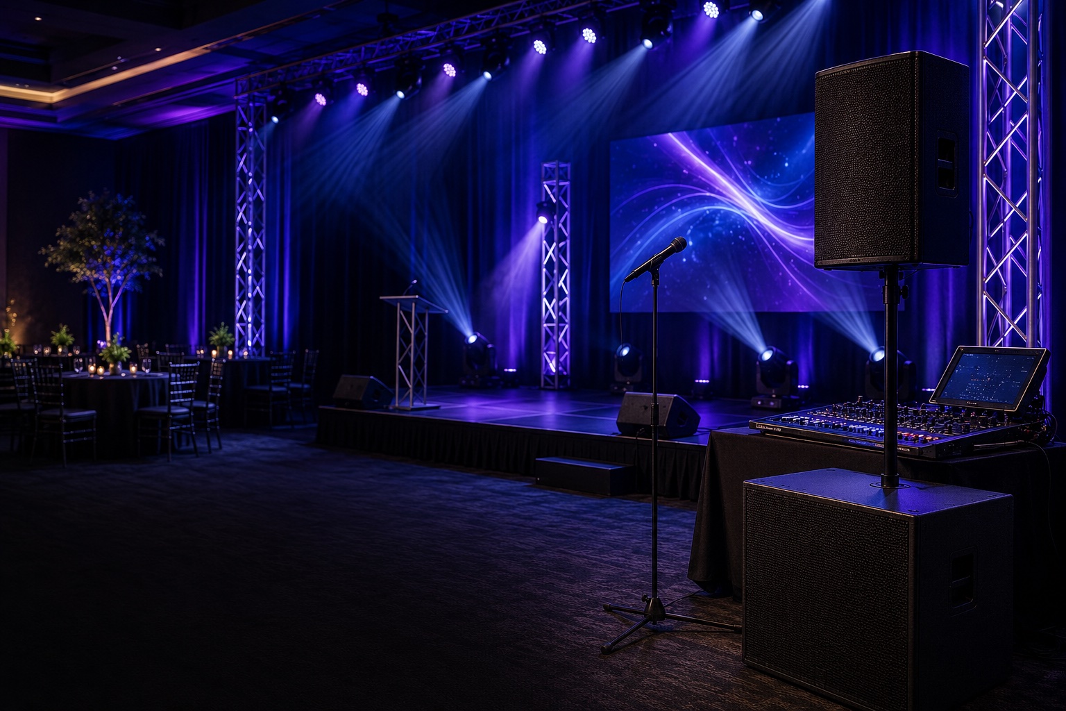 Event venue illuminated with blue and violet stage lighting