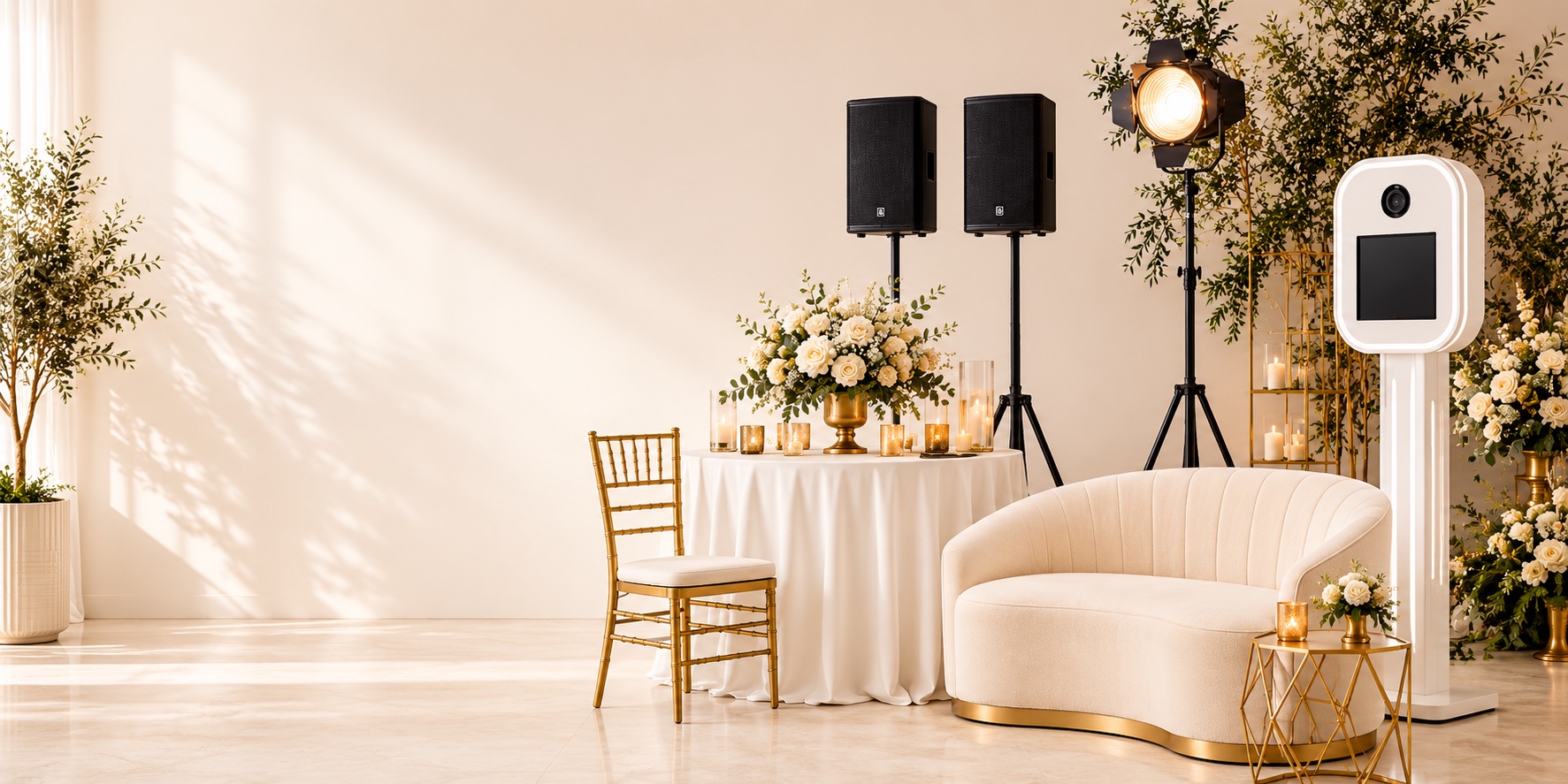 Curated event setup with seating, speakers, lighting and a photo booth