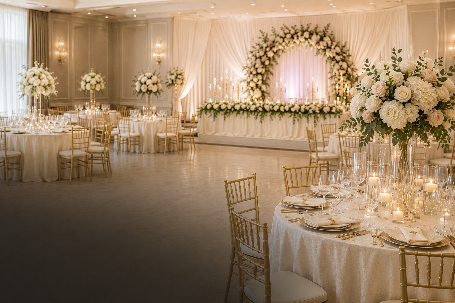 Coordinated reception tables and chairs in an elegant event venue